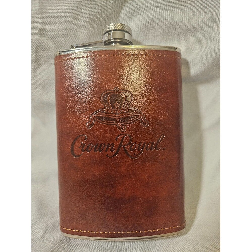 Crown Royal 8oz Stainless Steel Leather Wrapped Flask Brown Embossed Logo Flask